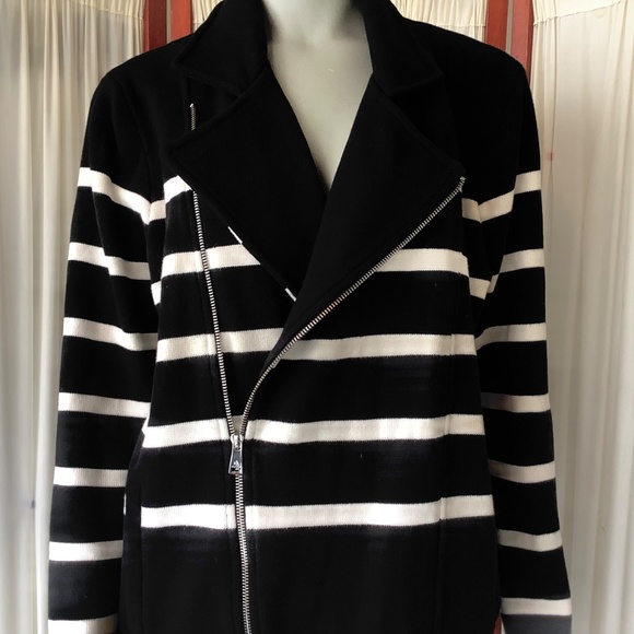 Ralph Lauren Women's Asymmetrical Zip Cardigan Black White Striped Size 1X - Picture 3 of 7
